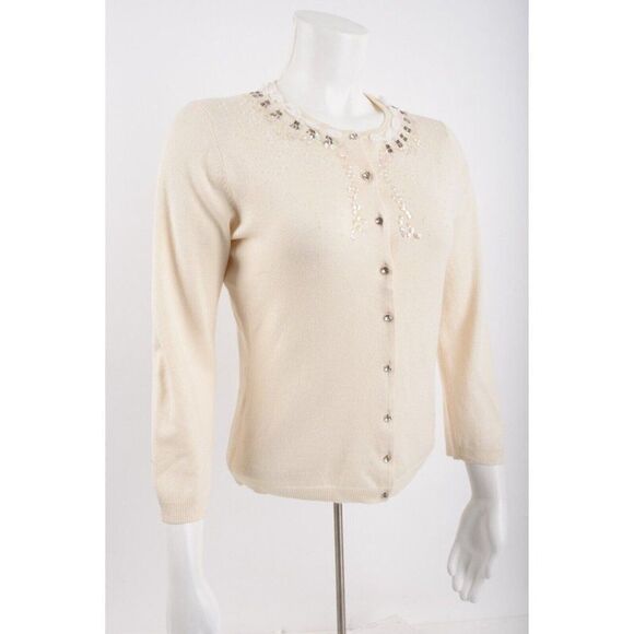 Express Womens Cardigan Sweater L Ivory Beaded Sequin silk Cashmere Vintage Y2K - Picture 2 of 6